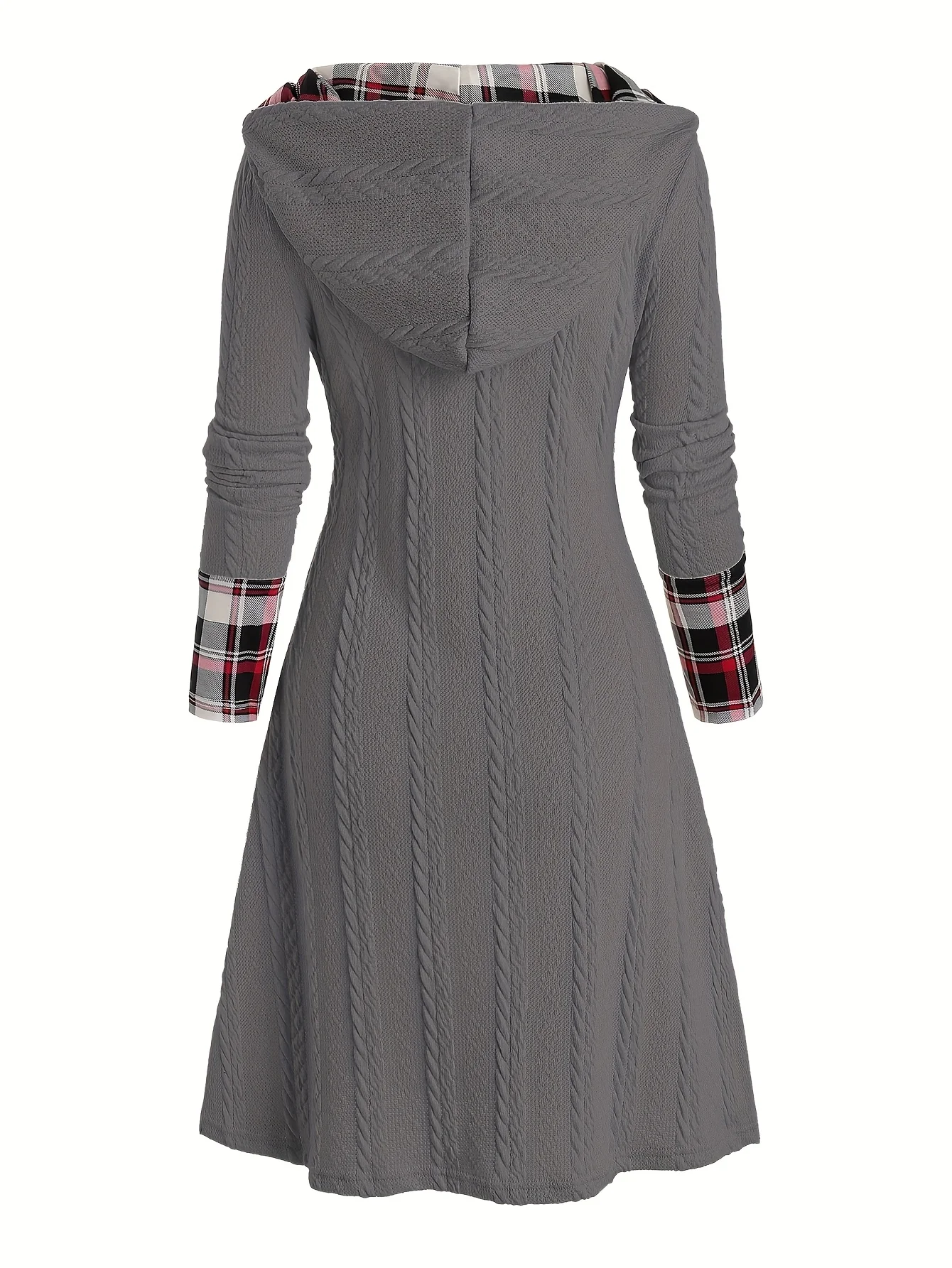 Damen-Kleid mit Karomuster, Kapuze, hoher Taille, A-Linie, lange Ärmel, aus Strick, mit dekorativer Schnallendetail. – Detail 20