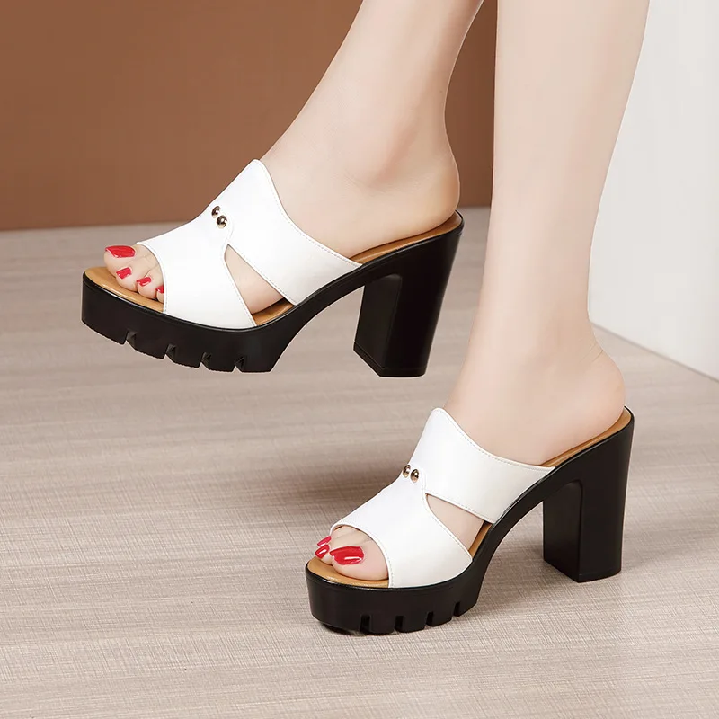 Women High Heels Summer Slippers Woman Open Toe Casual Block Heel Platform Genuine Leather Shoes Summer 32-43 Women Sandals