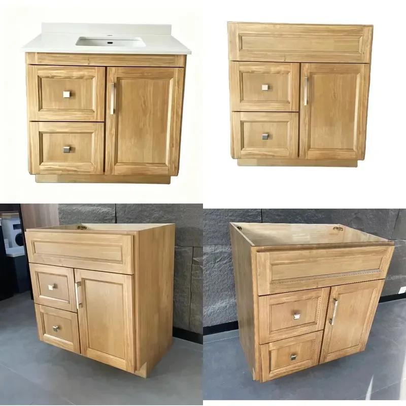 Modern 30 Inch Solid Wood Bathroom Vanity with Stone Sink One Door Two Drawers Light Oak Finish Waterproof Floor Cabinet for