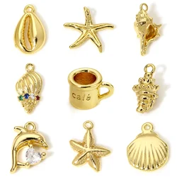 2Piece Brass Ocean Jewelry Charms 18K Gold Color Starfish Conch Dolphin Metal Pendants For Jewelry Making Diy Necklace Supplies