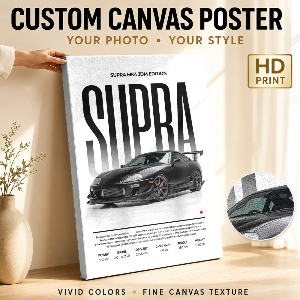 Striking Japanese Supra MK4 Framed Canvas Print Poster Personalized Photo Modern Minimalist Style Canvas Wall Art Garage Decor