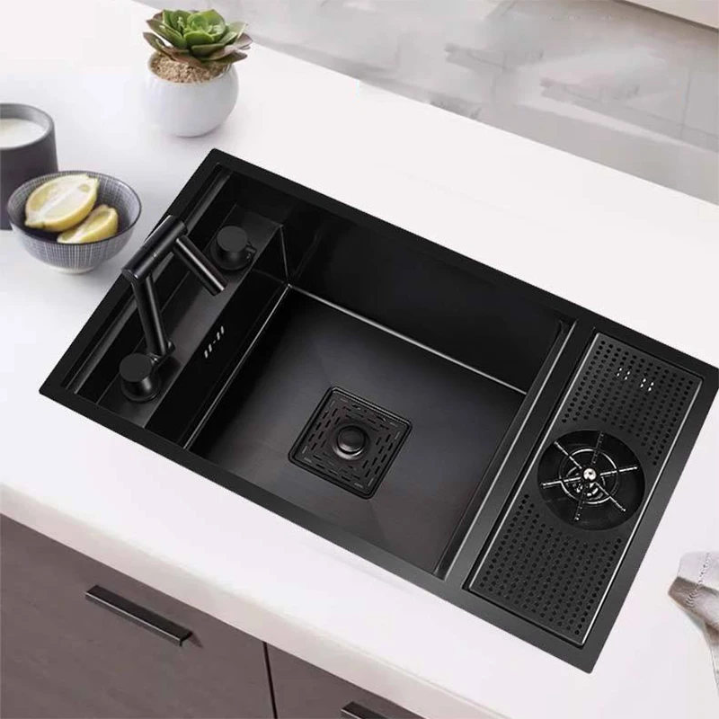 Nano Hidden Bar Kitchen Sink Black Folding Faucet Cup Washer Mini Single Bowl Basin Stainless Steel Soap Dispenser Accessories