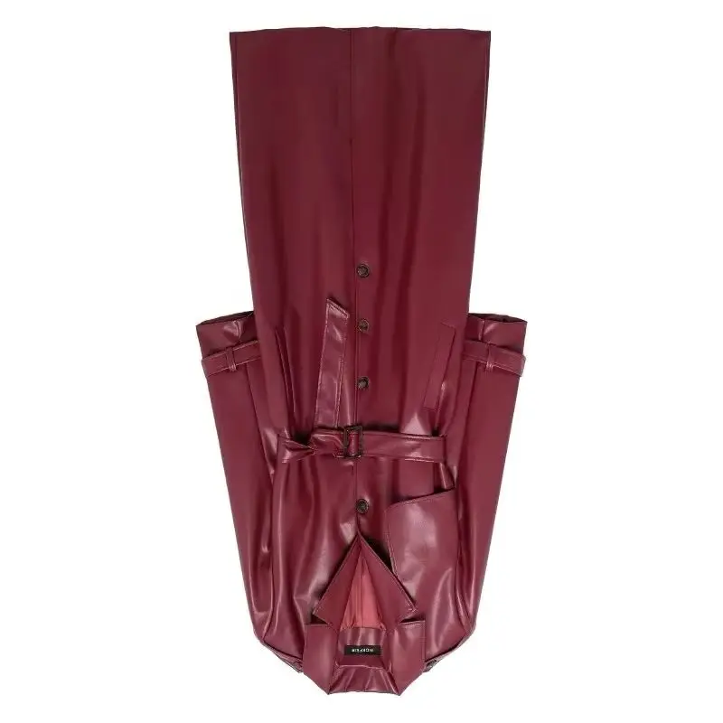 Popular  European and American Style Women's Clothing Autumn and Winter New Lapel with Belt Long Imitation Leather Trench Coat
