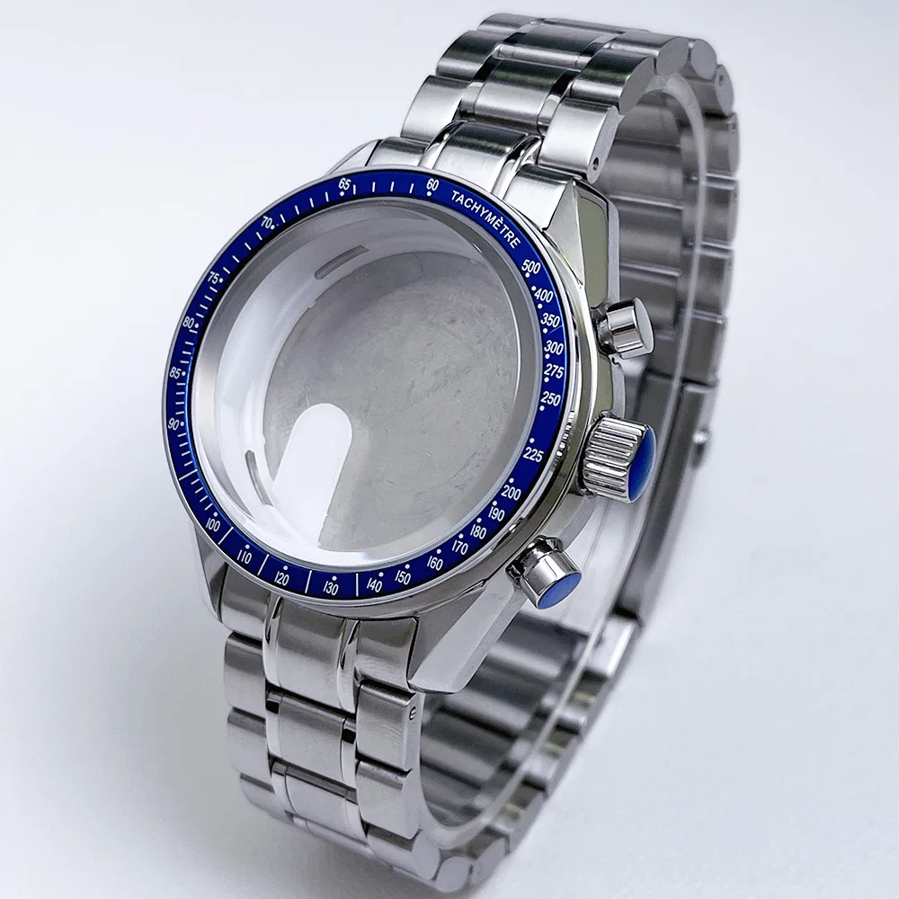 Das 39,7mm VK63 Uhrengehäuse ist Silber-Weiß und Blau-Schwarz, mit silberbeschichtetem Glas und VK63 Quarz-Chronograph-Armband. – Detail 6