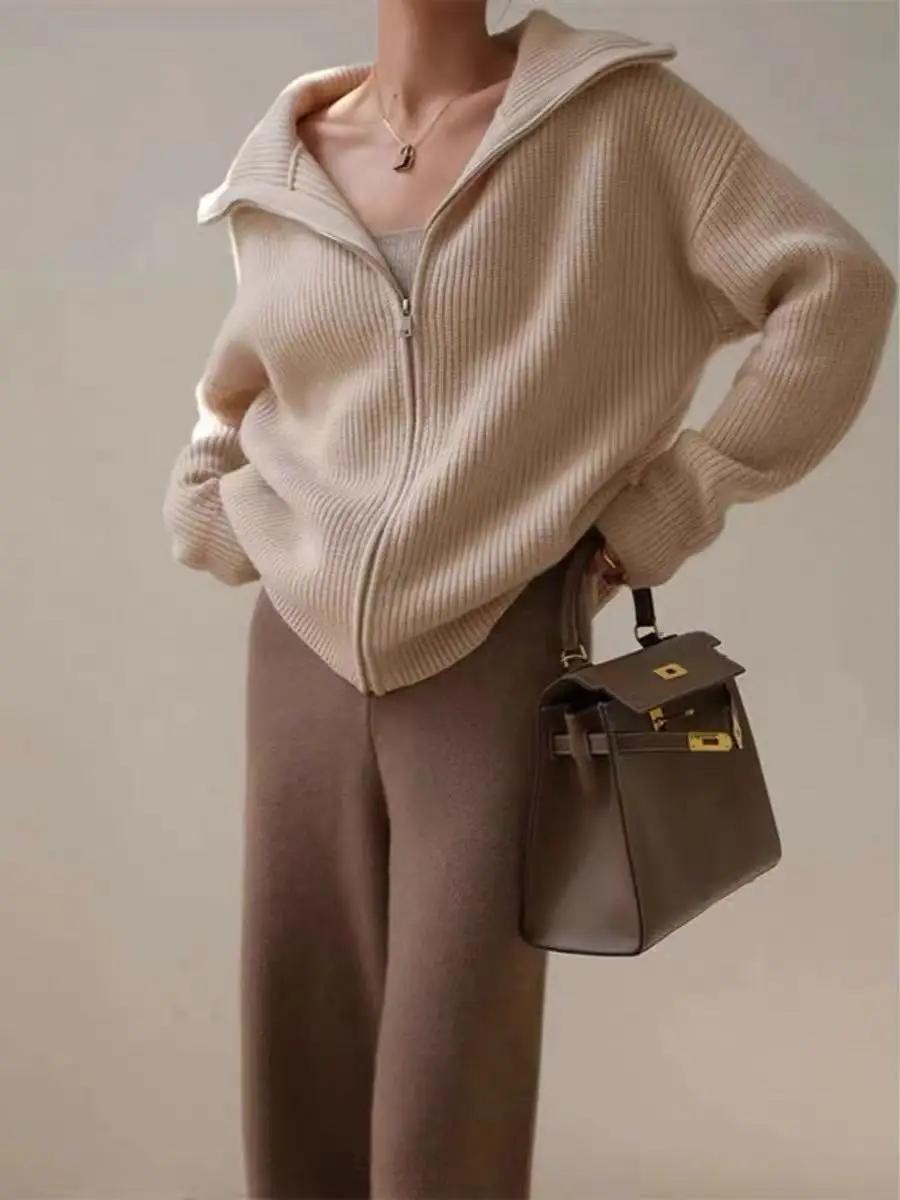 レディース 100% メリノウール セーター カーディガン 秋冬 ゆったりとした厚手の服 スタンドカラー ジッパー アメリカン レトロ トップス