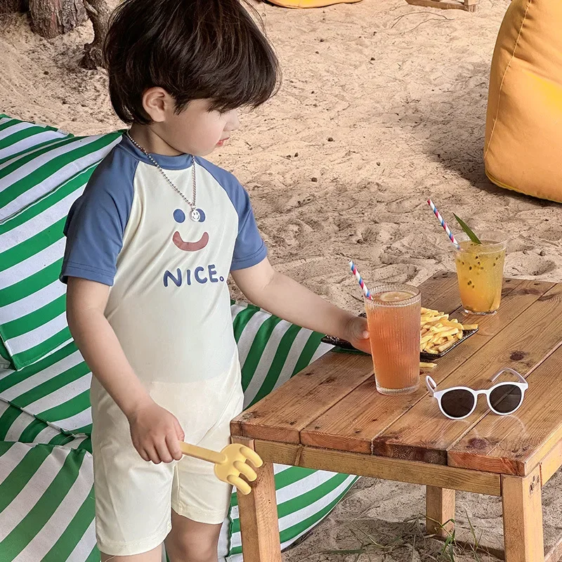 

Summer Kids One-piece Swimsuit Baby Boys Short Sleeve Quick-Dry Cute Letter Print Surfing Suit Swimwear Toddler Bathing Suit