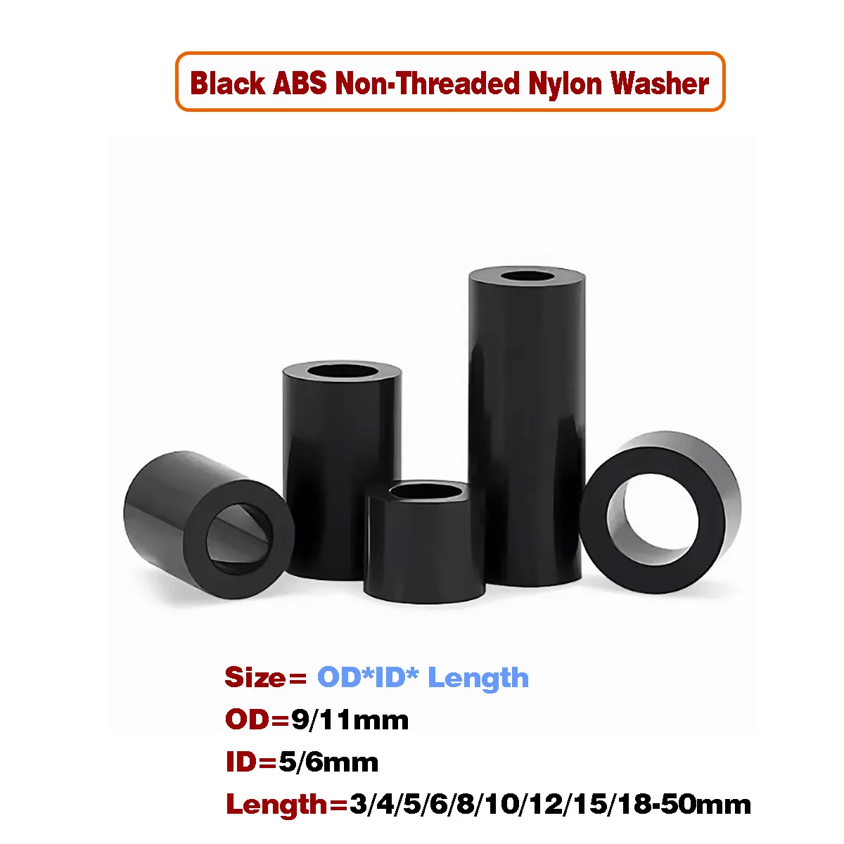 

M5M6 Black ABS Non-Threaded Nylon Spacer Round Hollow Standoff Washer PCB Board Screw Column Pillar OD=9 /11mm