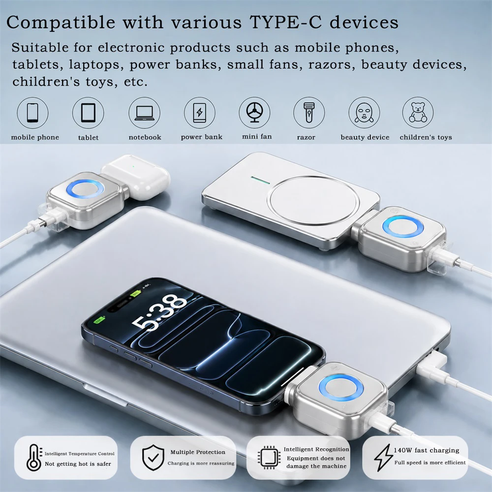 Mini 140W Type‑C Charging Separator Adapter Smart Auto Cut‑Off Function for Safe Long‑Time Overnight Charging