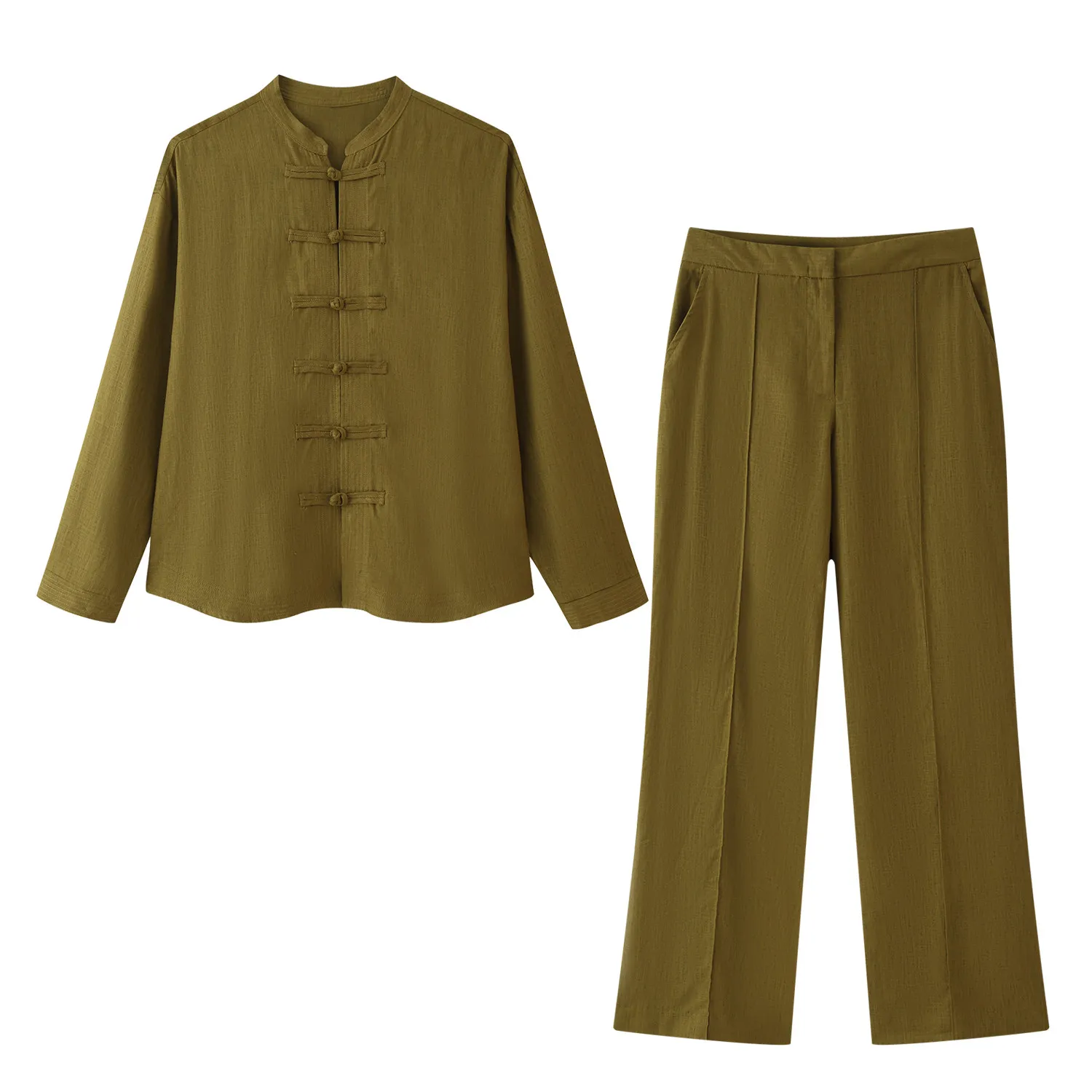 SuperAen Spring New Women's Clothing Chinese Style Fashion Design Buttoned Shirt Full Length Straight Pants Two Pieces Sets