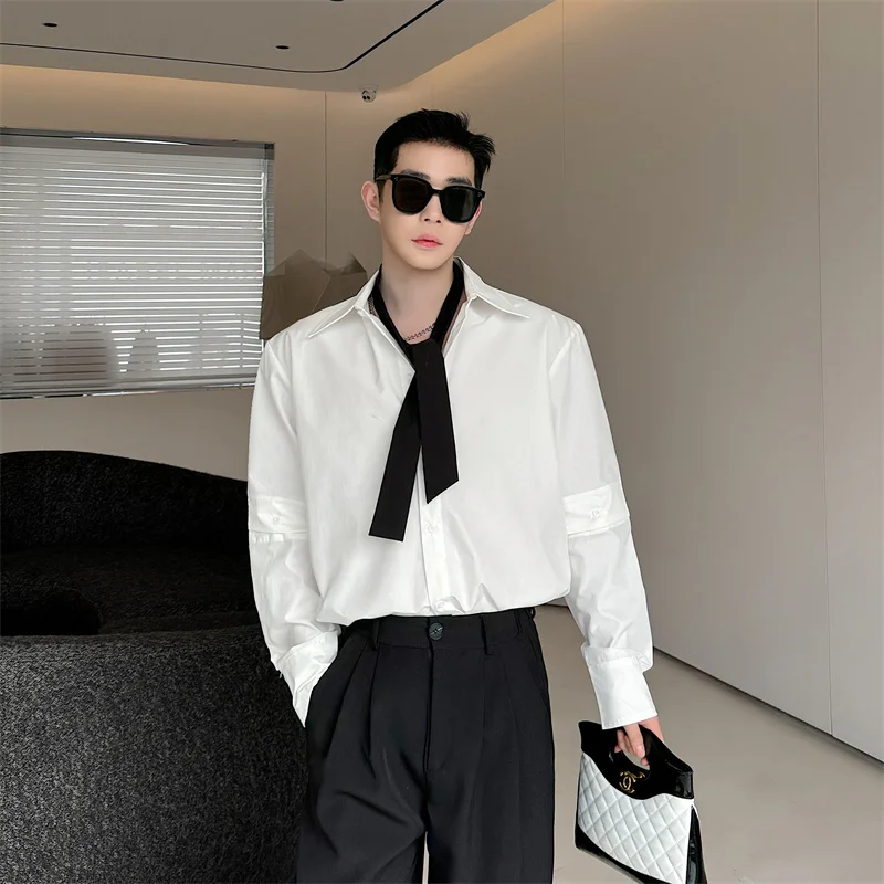 

Spring Summer Men's Long Sleeve Shirt with Tie Drapey Loose Design Korean Style Polyester Fiber Youthful Popular Standard Fit