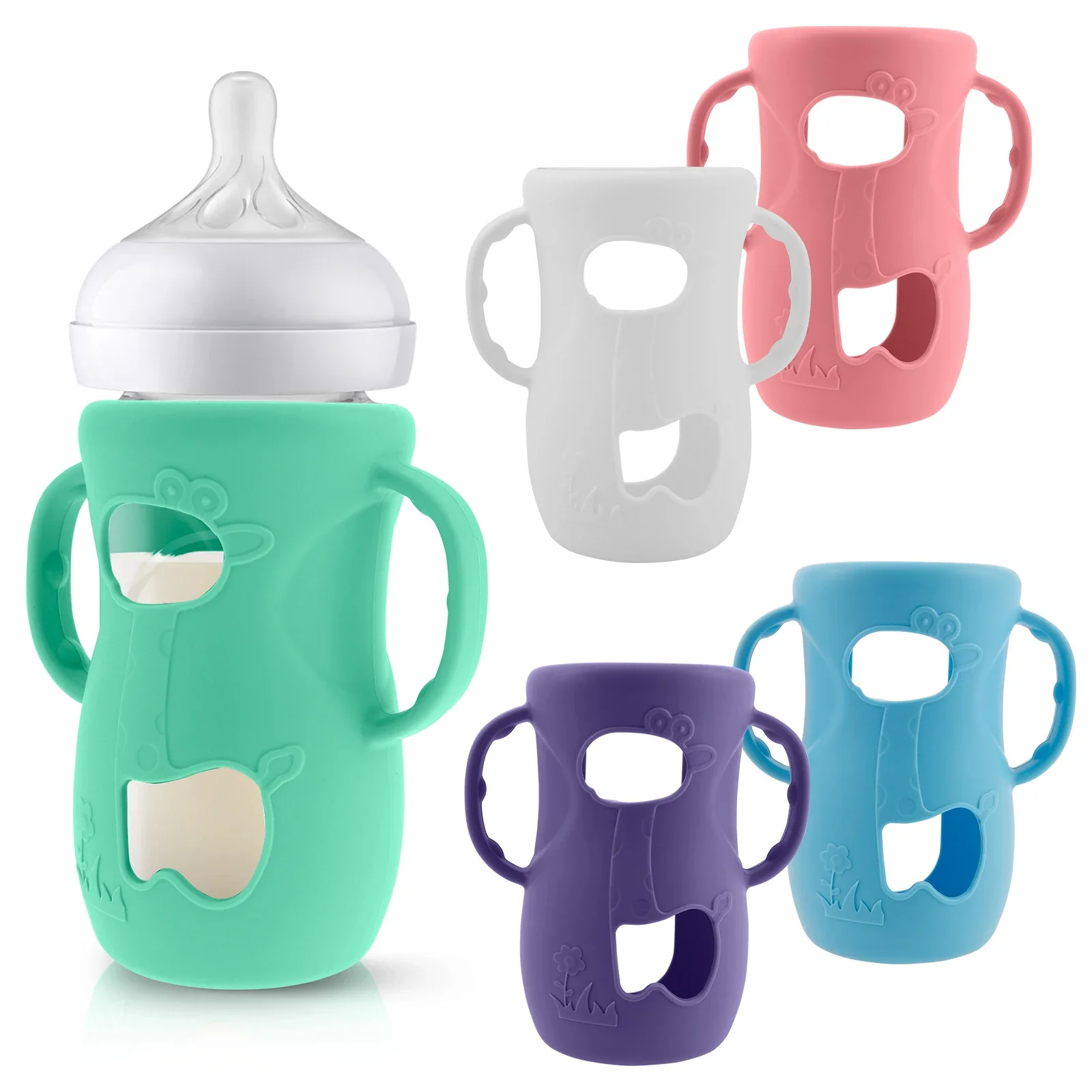 5Pcs Silicone Baby Bottle Cover Anti Slip Heat Resistant Glass Bottle Sleeve with Handle and Window for Newborn Boy Girl