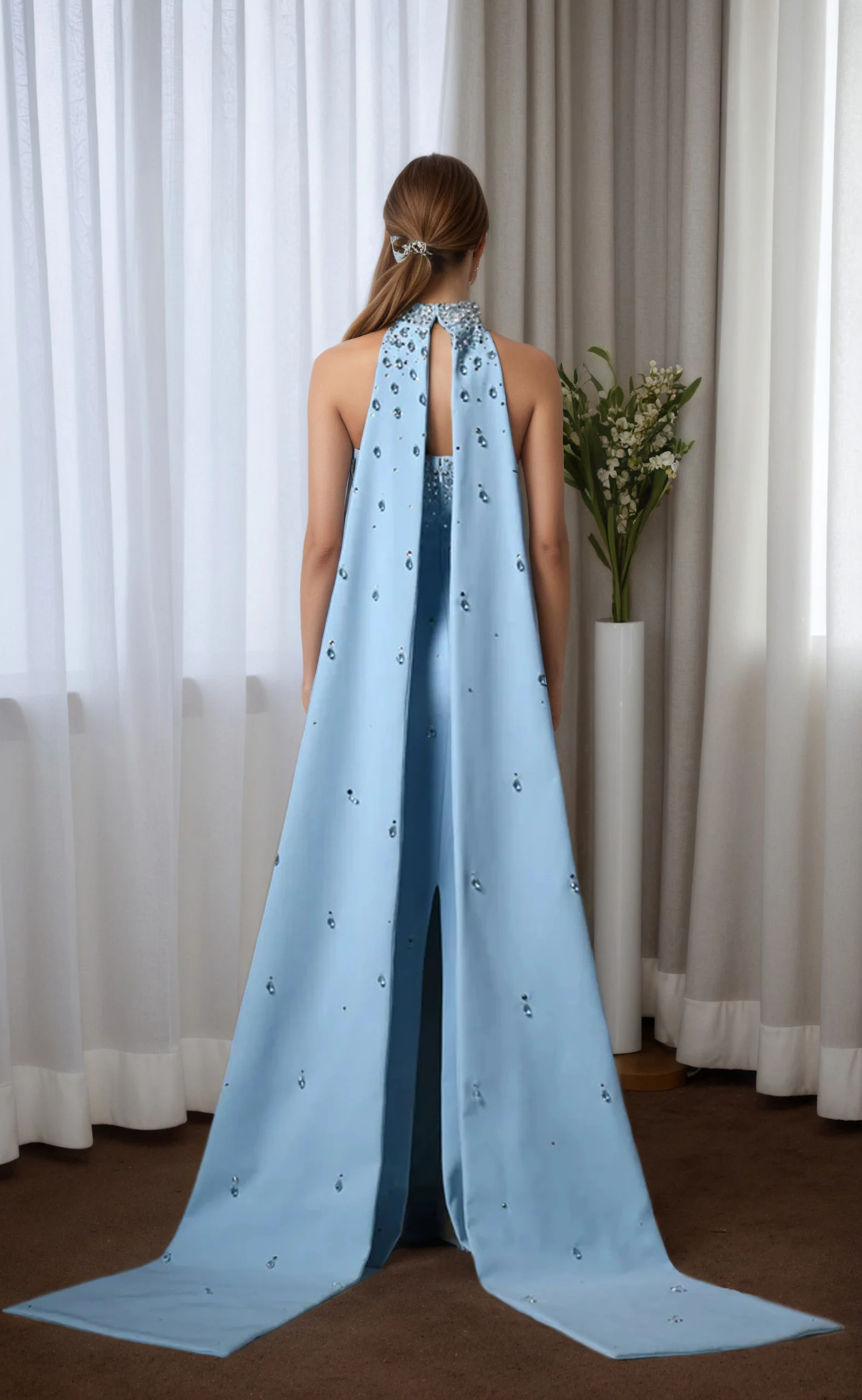 LAYXHS Wunderschöne trägerlose Abendkleider, blaue Perlen, Meerjungfrau, Neckholder, bodenlang, formelle Ballkleider, maßgeschneidert