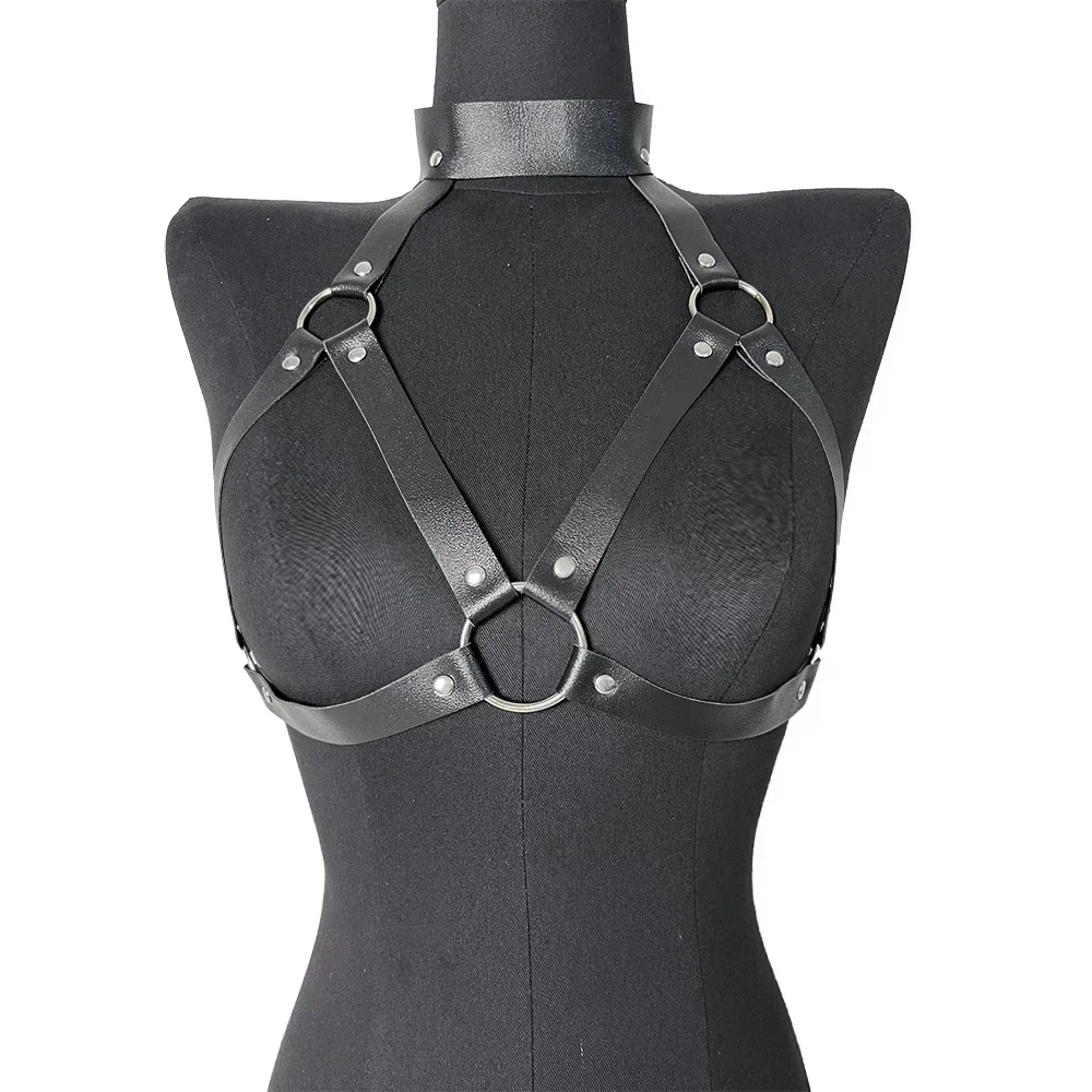 Donne Bondage Imbracatura per il corpo Lingerie Goth Crop Top Reggiseno in pelle Gabbia BDSM Collare Imbracatura per il corpo Cintura Catena Seni schiavi Giocattoli del sesso