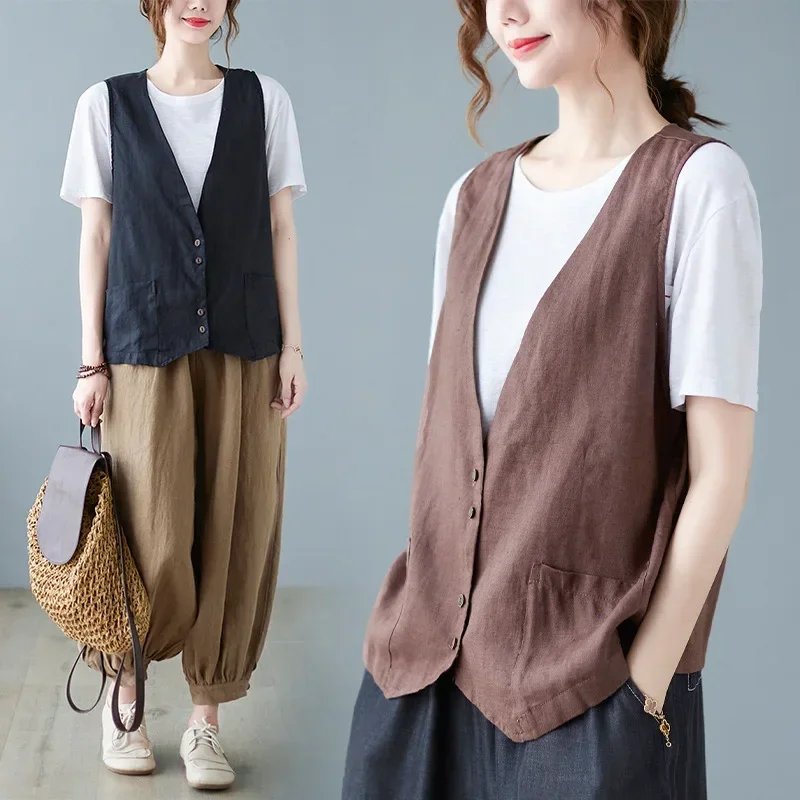 

Vests Women Vintage Literary Female V-neck Summer All-match Loose Prevalent Harajuku Korean Style Simple Sleeveless Casual Daily