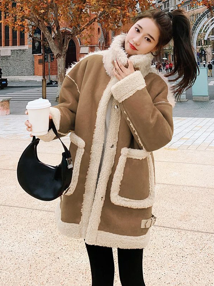 Cotton Suede Jacket For Women's Streetwear Oversized Red lamb Fur Sheepskin Wool Winter Suede Fur Integrated Jacket Parka