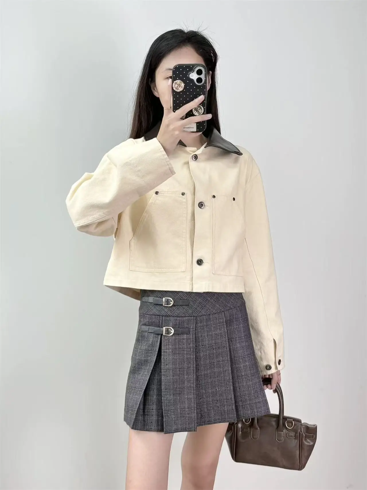 

Retro leather lapel pure cotton simple workwear versatile short denim jacket 2025 Autumn new style