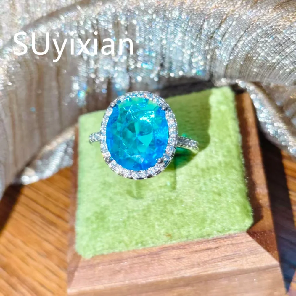 925 Sterling Silver Fashion Sea Blue Oval Zircon Ring, Multi-Sizes, Birthday Party Anniversary Gifts, Ladies Jewelry