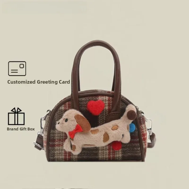 

Ретро-сумка-боулинг для женщин, повседневная сумка через плечо, осенне-зимняя сумка с милым рисунком собаки