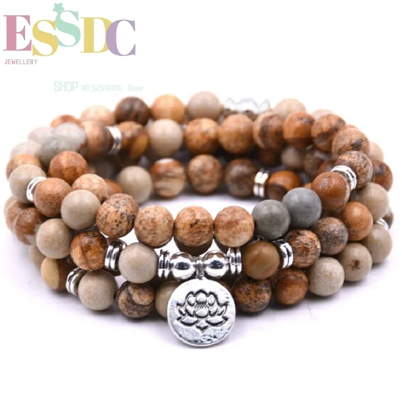 New Design Genuine Brown  108 Mala  Wrap  Yoga Healing Jewelry Trendy Natural Stone Lotus Charm Men's Bracelet