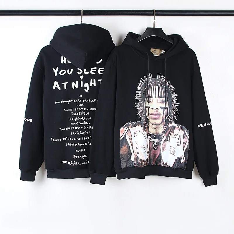 

High Street Character Print Letter Black Mens Pullover Hoodies Cotton Casual Baggy Sweatshirts Oversized Loose Sudadera