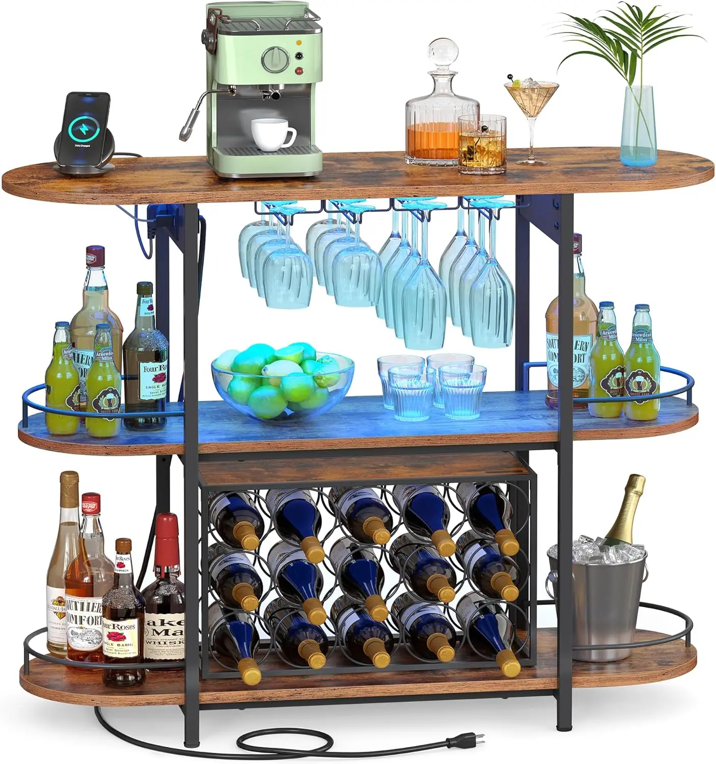 

Freestanding Bar Cabinet with LED Lights, Power Outlets, Wine Rack & Glass Holder for Kitchen or Dining Room in Rustic Brown