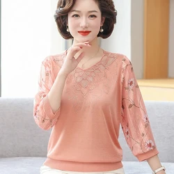 Thin Yarn Sleeved Knitted Sweater Fashion Middle Aged Elderly Women's T-Shirts Top 2024 New Spring Summer Autumn Tshirt Female