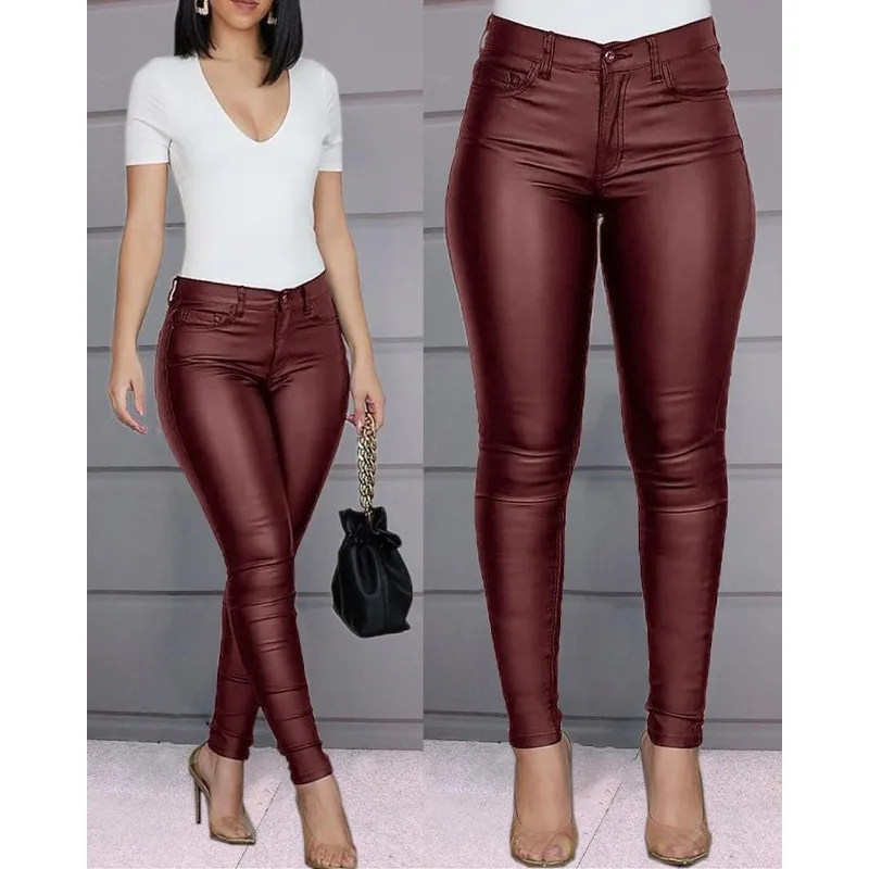 2024 Spring Summer New Women's Clothing Solid Color Sexy Slim Solid Color PU Leather Pants Skinny Pants