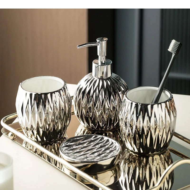 Light Luxury Electroplated Ceramic Wash Set Soap Dispenser Mouthwash Cup Dish Home Bathroom Accessories