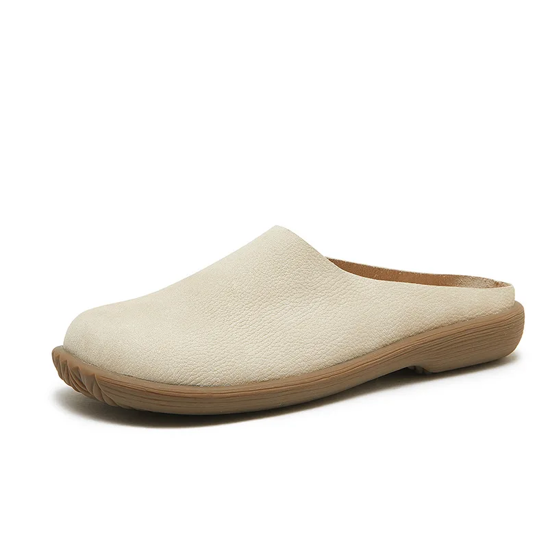 Womens Close Toe Slide Casual Round Toe Slipper Cow Leather Sandal