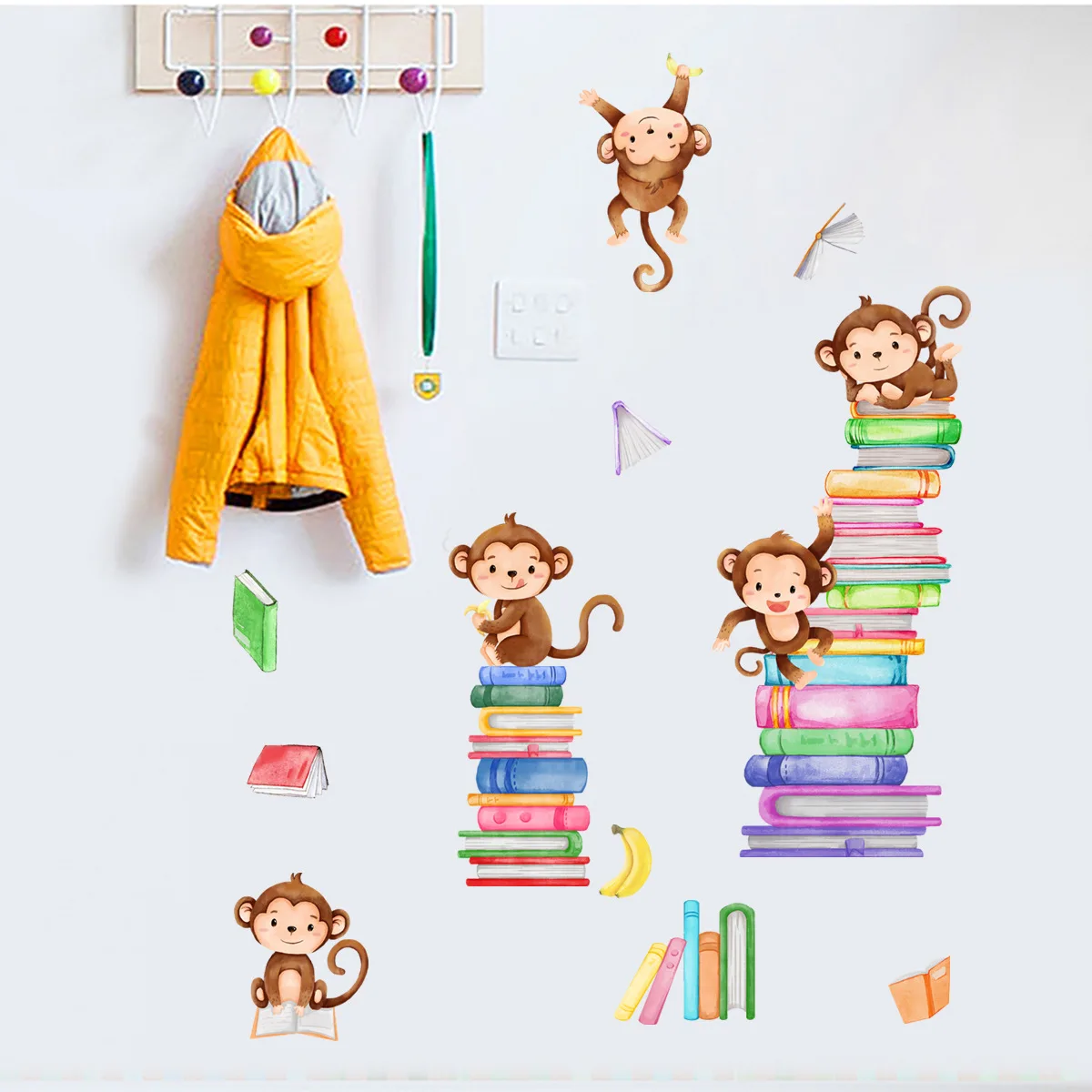 2pcs Cartoon Animal Monkey Book Wall Sticker Living Room Bedroom Living Room Bedroom Restaurant Decorative Mural Wall Sticker