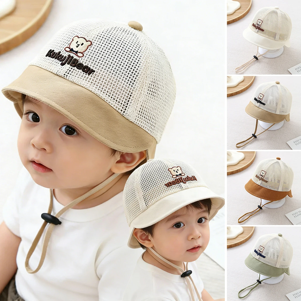 

Breathable Mesh Baseball Cap for Baby Summer Sun Hat Front and Rear Eaves UV Protection Fisherman Hats Kids Drawstring Visors