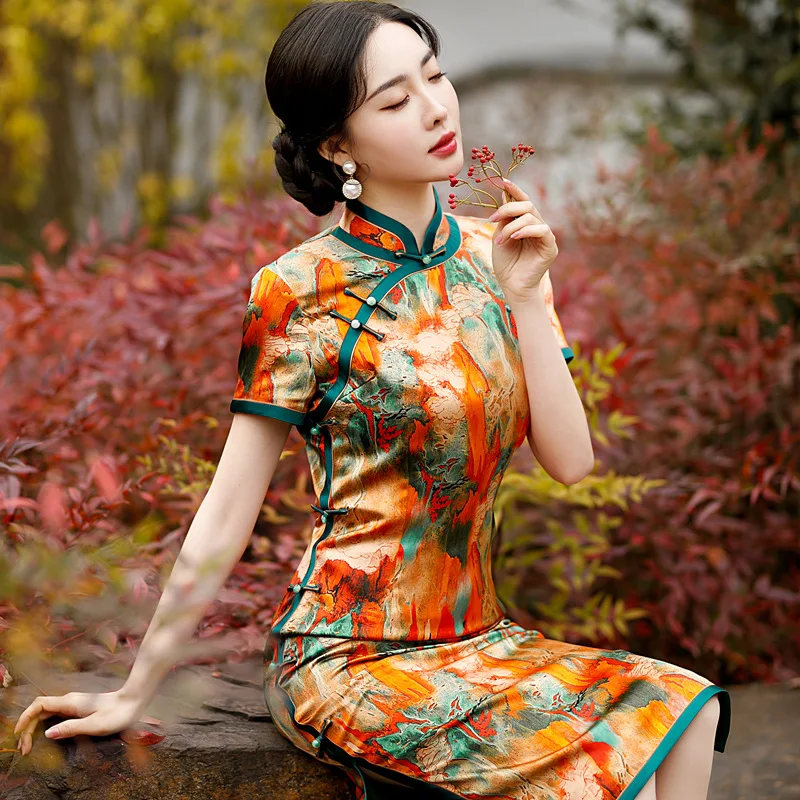 Old Shanghai High Quality Real Silk Cheongsam Qipao 2024 New Short Sleeve Daily Improved Retro Chinese Style Dress