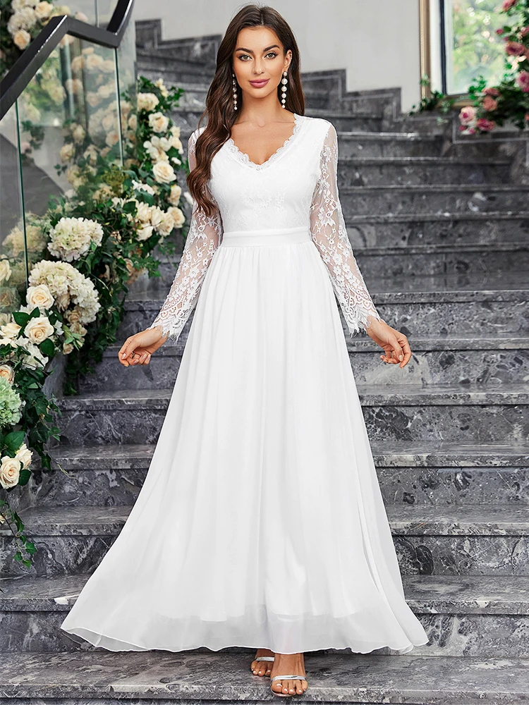 Ladies Elegant Floral Lace Panel White Dress A Line High Waist Large Swing Prom Dresses Women Evening Party Wedding Long Dresses