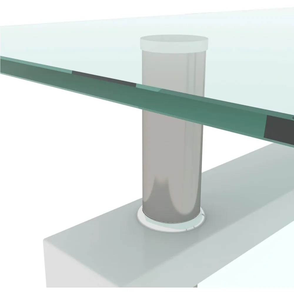 Tavolino da caffè moderno in vetro trasparente con gambe in tubo di metallo nero per spazi viventi bianchi contemporanei