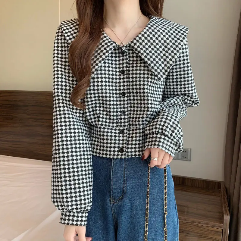 Vintage Plaid Short Shirt Tops Spring Autumn New Polo Neck Long Sleeve All-match Fashion Blouse Korean Temperament Women Clothes