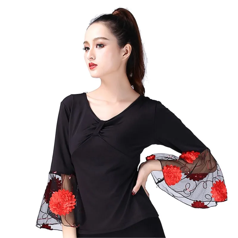 Grote Latin Dance Top Women Modern Social Dance Print Mesh Blouse V-Hals Uitlopende Mouw Trainingskleding Performance Kostuum