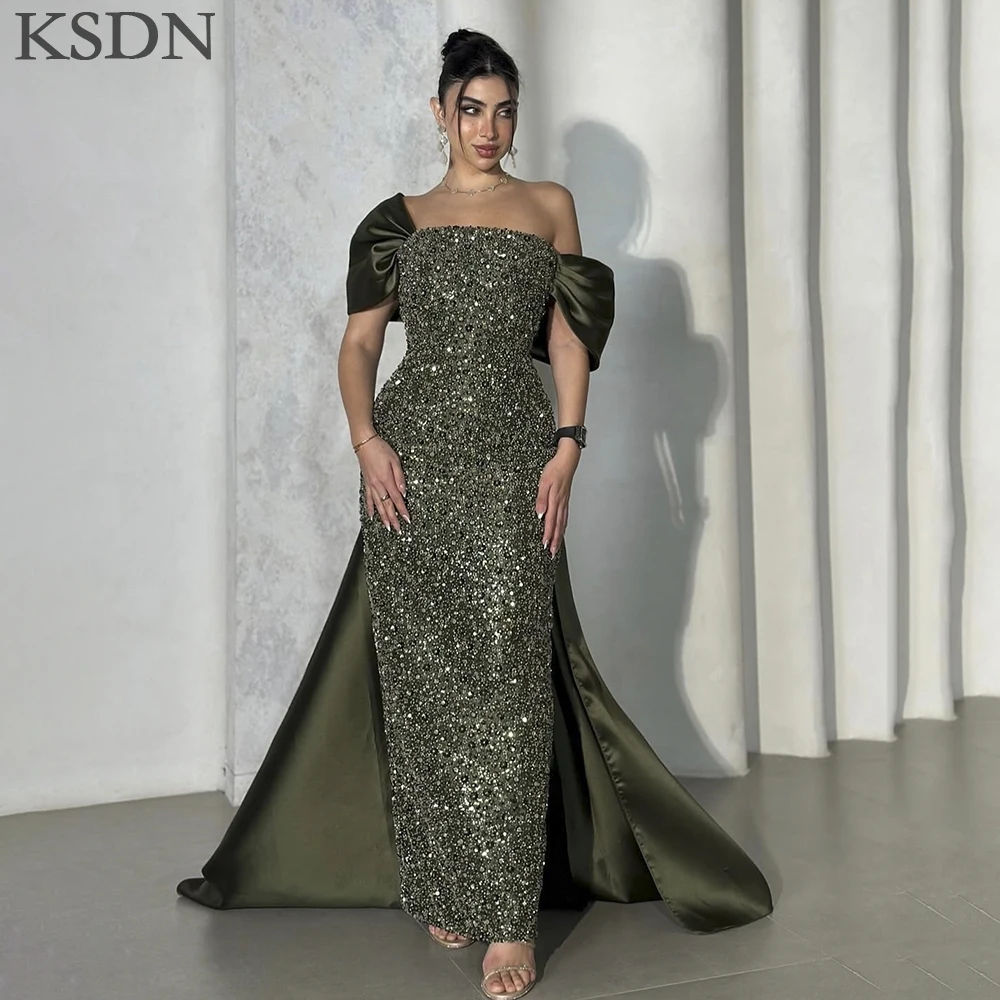 

KSDN Fashion Evening Dresses Luxury Chapel Train Square Collar Short Sleeve Sequined Gowns Special Occaion Elegant Dress