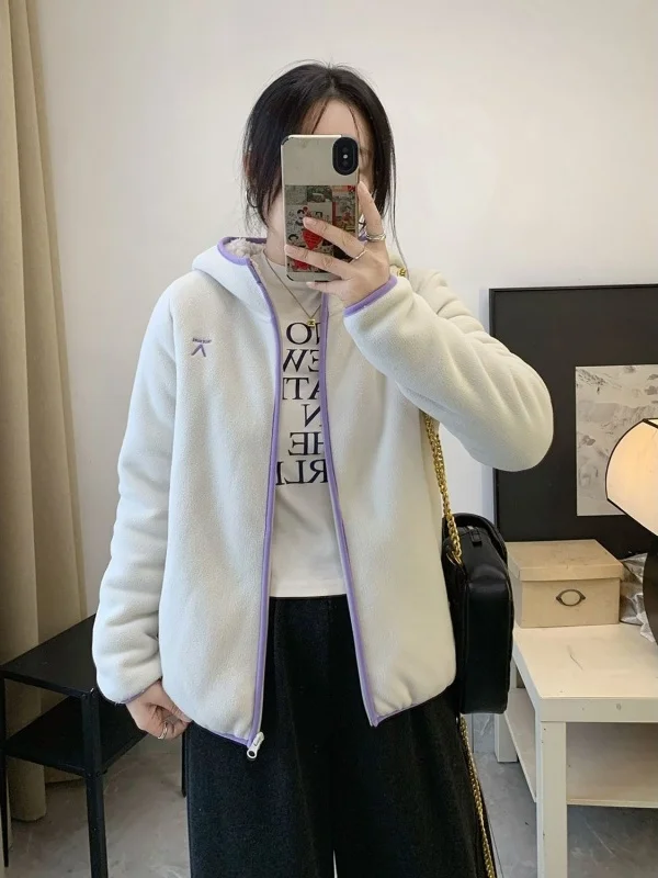 

Двусторонняя флисовая куртка на молнии для женщин, осенне-зимняя утепленная повседневная толстовка с капюшоном в корейском стиле, свободного кроя, с длинными рукавами