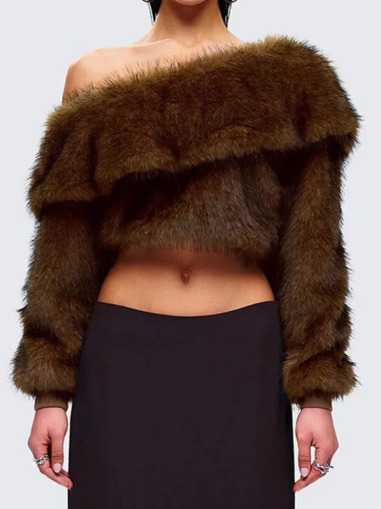 Sexy Slash-Neck Fake Fur Cropped Jackets for Women 2026 Autumn Winter Fashion Thick Warm Long Sleeve Furry Coat Female Outerwear