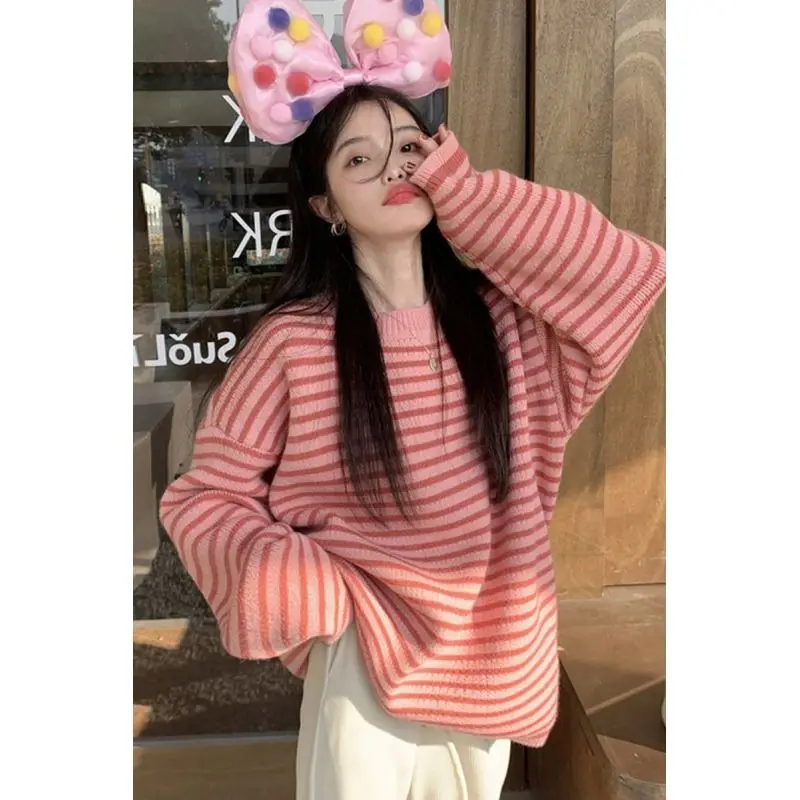 

2023 Autumn Winter New Women Fashion Color Contrast Striped Knitwear Sweaters Female Round Neck Loose Versatile Pullover D19