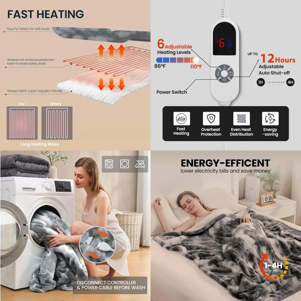 

Luxury Grey Twin Size Faux Rabbit Fur Electric Blanket, 62x84, 6 Heating Levels, 12H Auto-Off