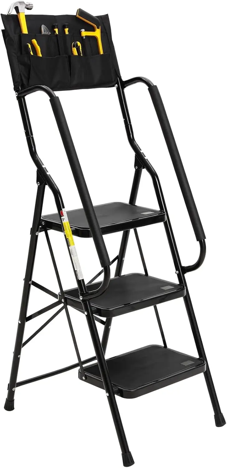 

3-Step Folding Ladder with Handrails, Tool Bag & Anti-Slip Pedals, 350 lbs Capacity for Home Kitchen Office