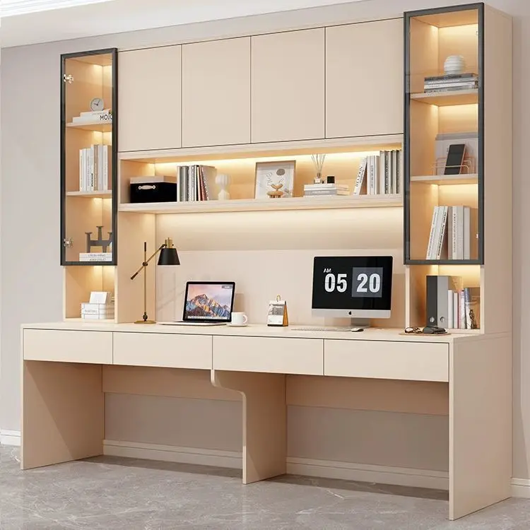 Double desk bookcase integrated whole wall solid wood computer desk bookshelf light luxury with glass door