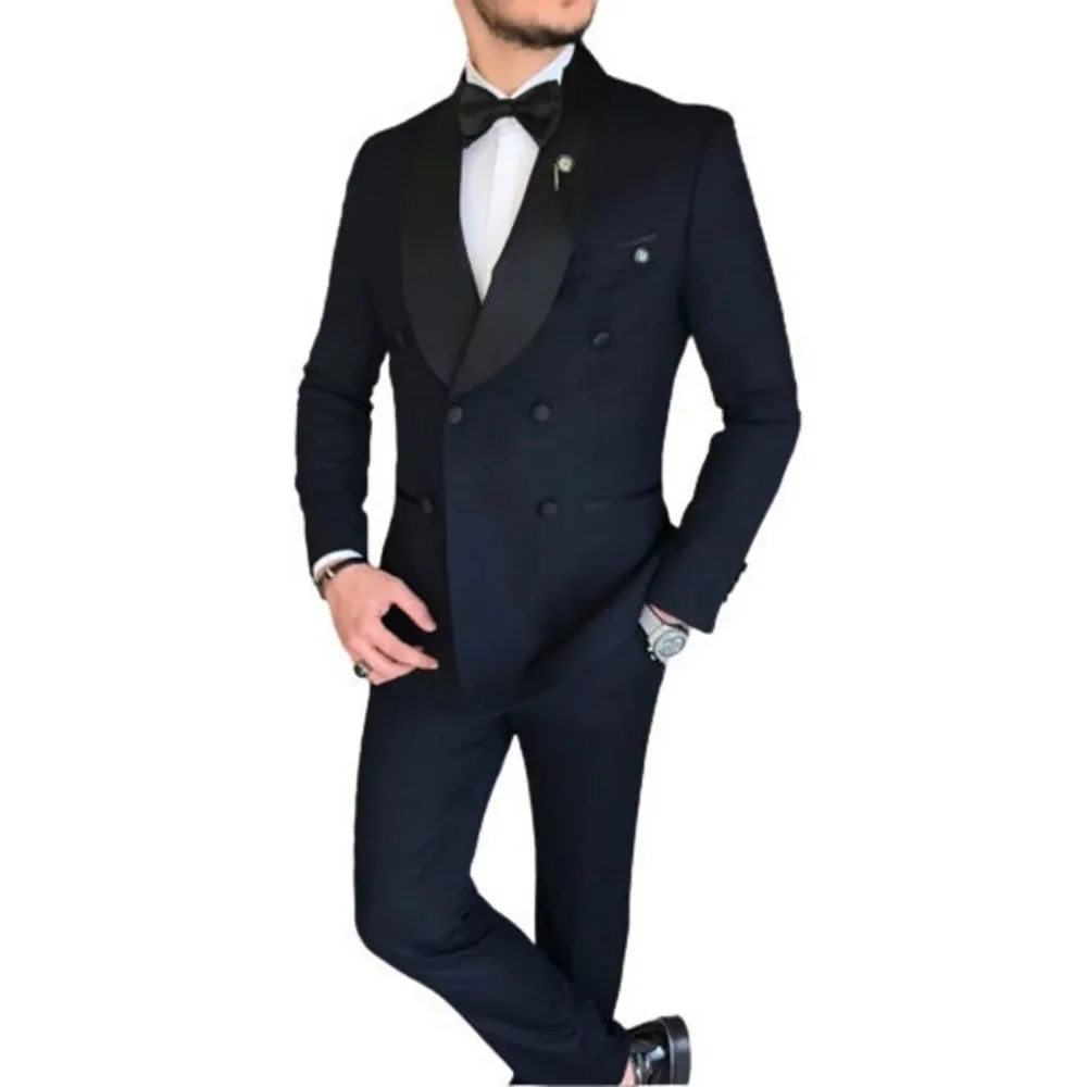 

Elegant Men Suits Black Shawl Lapel Double Breasted Regular Length Navy Blue Business Outfits Party 2 Pcs Jacket Pants Full Set