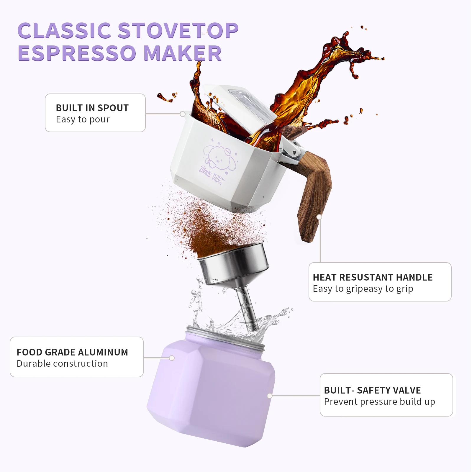 Bincoo Dog Shape Dual Valve Moka Pot Set Stovetop Espresso Maker Cute Animal Design Home Coffee Brewing Kit view 4