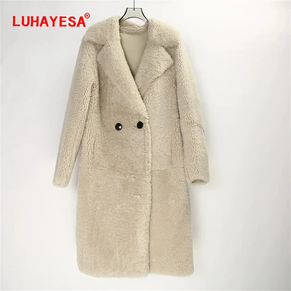 2024 Pearl Lamb Shearling Fur Coat LUHAYESA Women Winter Extra Long Suit Collar Winter Warm Real Fur Clothing