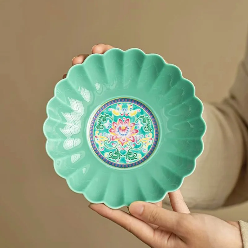 Turquoise Green Enamel Lotus Ceramic Plate Chinese Multi Use Snack Dried Fruit Bowl Pot Mat Serving Tray Home Table Decor Gift