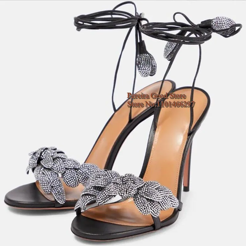 

Rhinestone Floral Decor Women High Heel Sandals Green Black Suede Ankle Wrap Lace Up Celebrating Shoes