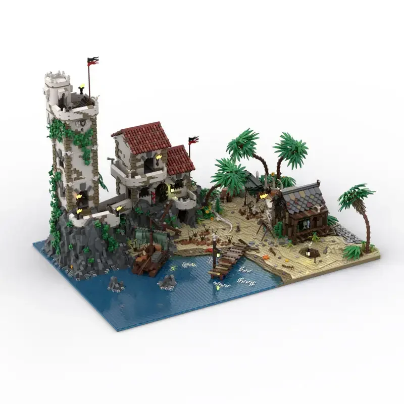 8028-teiliges Piratenbucht-Festungs-Modulbaustein-Set, mittelalterliches Inselfort mit Leuchtturm & Dock, Konstruktionsbaustein-Modellbausatz, aufwendiges DIY-Modell zum Zusammenbauen mit tropischen