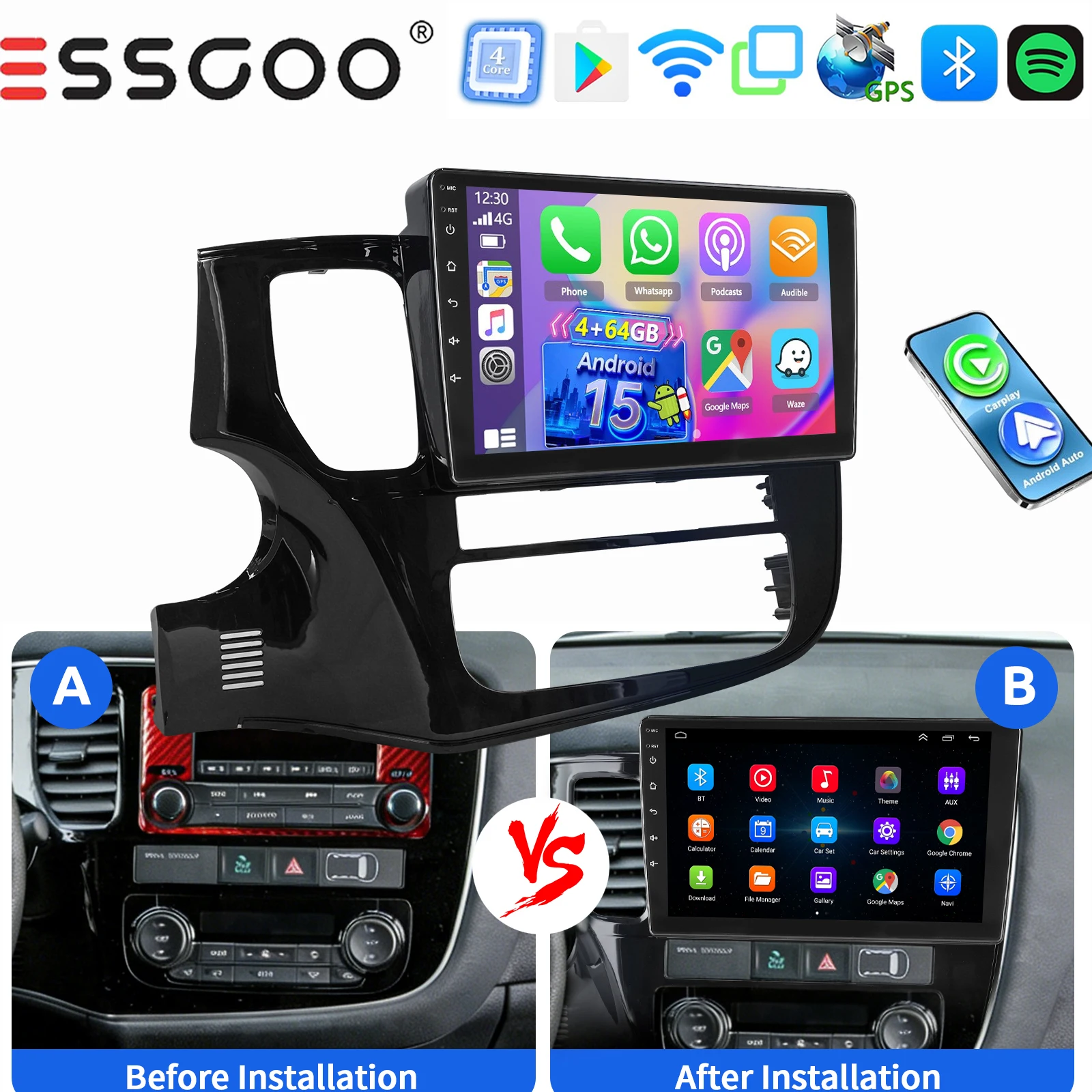 ESSGOO Draadloze Carplay Android auto 10 Inch IPS Aanraakscherm Voor Mitsubishi Outlander 2012-2018 Autoradio Android 15 GPS-navigatie WIFI Stuurwielbediening RDS Bluetooth FM Spiegellink ASP-geluid